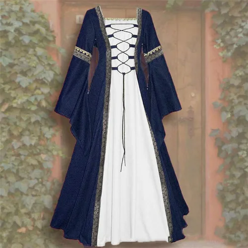Vista 2 de SHOPESSA Chemise - Disfraces renacentistas con corsé vestido victoriano de manga trompeta con cordón y cuello redondo vestido irlandés