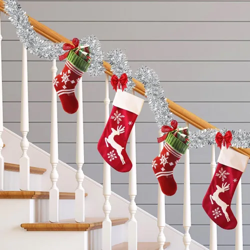 Vista 5 de Guirnalda de oropel plateado de 50 pies para decoraciones de árbol de Navidad, guirnalda metálica brillante con torsión colgante para Navidad