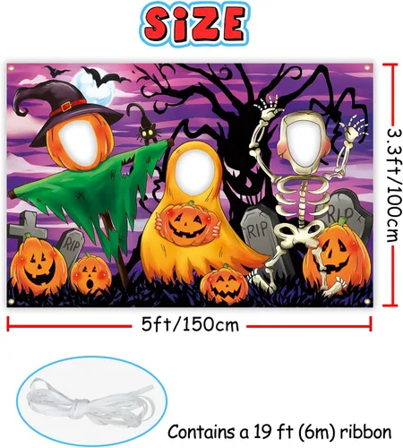 Vista 2 de Telón de fondo de cara de noche de terror en el agujero, 5 x 3.3 pies, cabeza de calabaza, espantapájaros, esqueletos, accesorios para fotos