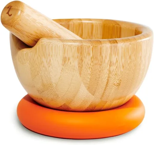 Vista 5 de Loisa Mortero y mortero de bambú con base de silicona Cuenco de mortero de 5.25 pulgadas Utensilios de cocina latina premium Verde