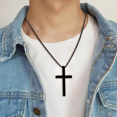 Vista 3 de Collar con dije de cruz cristiana para hombre de acero inoxidable chapado en oro o plata, o negro religioso y minimalista, para joyería de bautismo