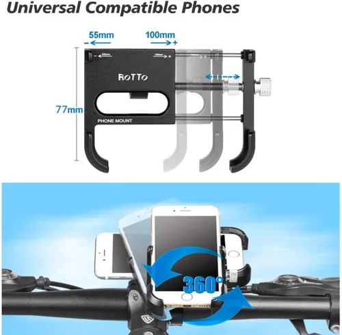 Vista 4 de ROTTO Soporte de teléfono para bicicleta, soporte para teléfono celular, todo de aluminio con rotación de 360 ° ajustable