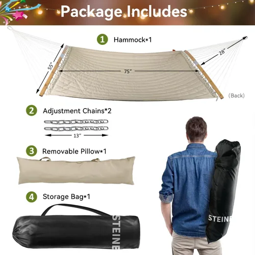 Vista 7 de Hamaca doble, hamaca de tela acolchada de 11 pies para 2 personas para exteriores con almohada, barra separadora curvada plegable, cadenas, bolsa
