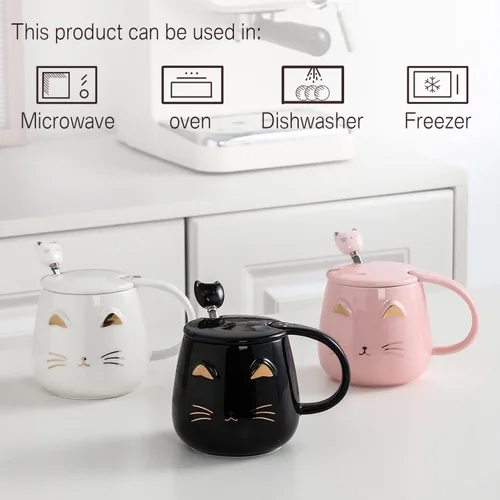 Vista 4 de Yuwu Taza de café con diseño de gato, regalo para los amantes de los gatos, taza de cerámica, taza novedosa con tapa y cuchara de acero inoxidable