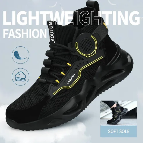Vista 6 de LAoutun Zapatos de punta de acero para hombres y mujeres, zapatos de trabajo de seguridad, cómodos, ligeros, a prueba de pinchazos, zapatos