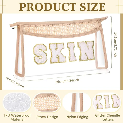 Vista 2 de Sanwuta Juego de 4 bolsas de maquillaje de parches de preparación – Diseño de letras de chenilla transparente – Nylon impermeable y TPU