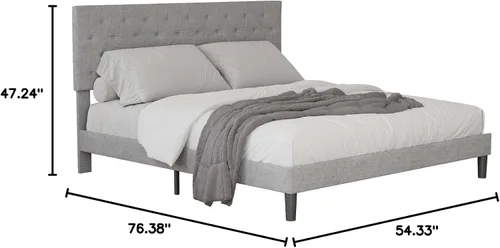 Vista 2 de Base de cama tapizada de tamaño matrimonial con cabecera de botón ajustable, base de colchón con soporte de listones de madera, no necesita somier