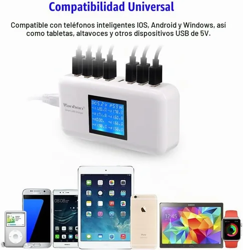 Vista 3 de Cargador de pared USB de 60 W y 8 puertos, estación de carga con cargador USB multipuerto W/LCD compatible con teléfonos inteligentes, tabletas