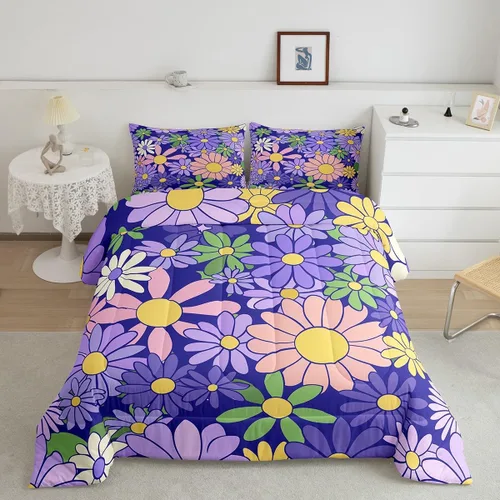 Vista 41 de Lindo juego de edredón de flores para niños y mujeres. Juego de ropa de cama de flores coloridas de dibujos animados, tamaño individual, bonito
