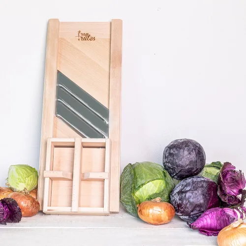 Vista 7 de Trituradora compacta de madera con protector de mano para chucrut y ensalada de col finamente cortados, madera de haya natural sin terminar