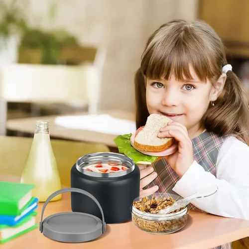 Vista 7 de Termo 2 en 1 para alimentos calientes con contenedor de bocadillos Tritan de 13.5 oz, tarro de alimentos aislado para almuerzo de niños, tarro