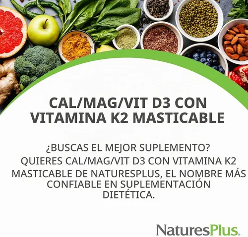 Vista 3 de NaturesPlus Cal/Mag/VIT D3 con vitamina K2-60 tabletas masticables – Sabor a chocolate – Calcio, magnesio, vitamina D3 y K2 Suplemento de apoyo