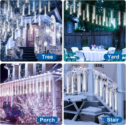 Vista 5 de PEMOTech Luces de lluvia de meteoritos para exteriores, 38.5 pies, 15 tubos de 11.8 pulgadas, 540 luces LED de Navidad al aire libre, luz