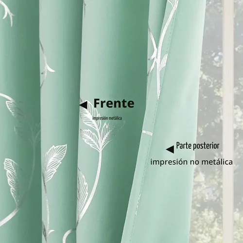 Vista 4 de BUHUA Juego de 2 paneles de cortinas opacas con estampado de vid plateada, cortinas con aislamiento térmico para oscurecer la habitación