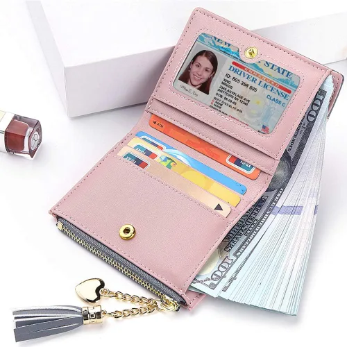Vista 4 de Cartera para mujer pequeña billetera compacta Bifold cartera RFID titular de la tarjeta de crédito mini cartera de bolsillo bipolar