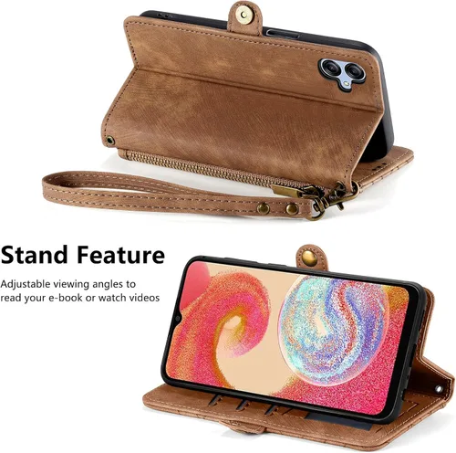 Vista 2 de Asuwish Funda de teléfono para Samsung Galaxy A04e Funda tipo cartera con protector de pantalla de vidrio templado y correa para la muñeca de cuero