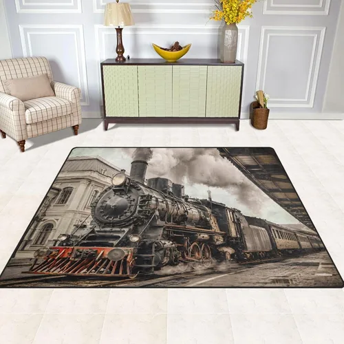 Vista 4 de ALAZA Alfombra retro de tren de vapor para sala de estar, dormitorio, 5'3"x4
