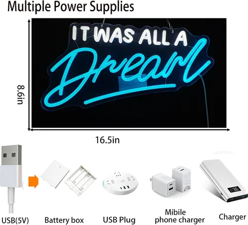 Vista 6 de Letrero de neón – Luz de neón LED con regulador de intensidad «It Was All A Dream» (blanco y azul, 16.5 pulgadas)