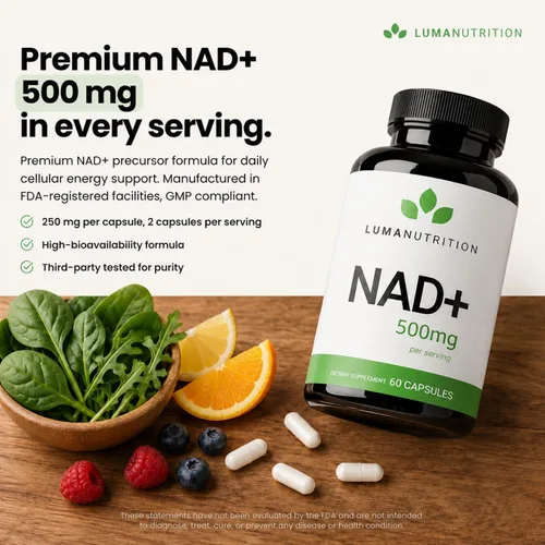 Vista 3 de Luma Nutrition Suplemento NAD+ de 500 mg por porción (250 mg por cápsula) – Envejecimiento más energía, metabolismo y apoyo celular – Suplementos