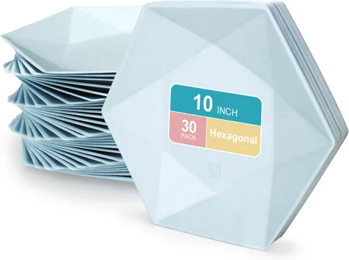Vista 8 de Paquete de 30 platos de papel desechables de 8 pulgadas, platos de papel hexagonal azul, platos de postre 100% biodegradables para bodas