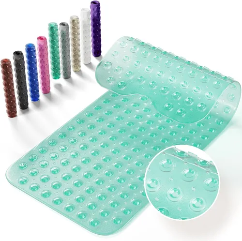 Vista 12 de Alfombrilla antideslizante para bañera, extra grande de 39x16 pulgadas con agujeros de drenaje y ventosas, lavable a máquina, color negro