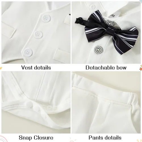 Vista 3 de SOLOYEE Ropa para bebé niño trajes de caballero para bebés, vestido de manga larga, pantalones con tirantes, corbatín, boina, sombrero de boina