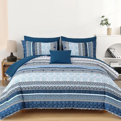 Vista 23 de Cottolester - Juego de edredón bohemio de tamaño matrimonial, 8 piezas, ropa de cama de microfibra suave en una bolsa, rayada y de color aguamarina