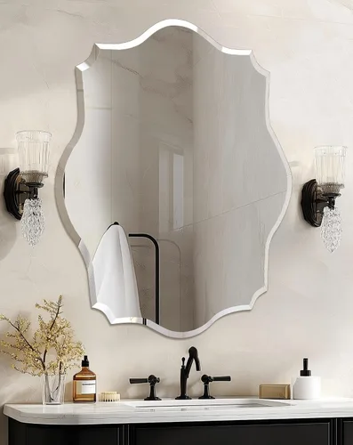 Vista 15 de Espejo de pared ovalado sin marco: Espejo decorativo elíptico de vidrio espejado para tocador con borde plateado biselado para baño, dormitorio