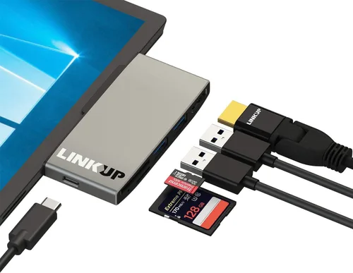 Vista 6 de LINKUP - Hub adaptador de lector de memoria micro para tarjetas SD compatible con Surface Pro 7 Estación de acoplamiento 6 en 1 4K HDMI, Gigabit