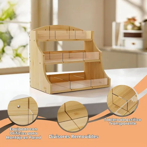 Vista 3 de Organizador de bolsas de té de bambú de 3 capas, baúles de té con divisor acrílico extraíble, soporte para té para encimera, oficina, cocina, madera
