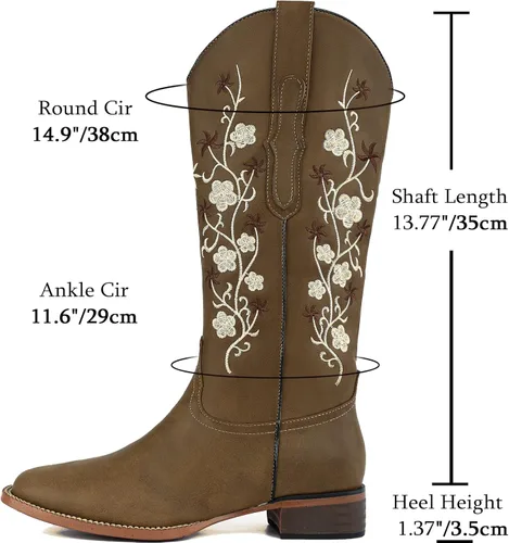 Vista 7 de SO SIMPOK Botas vaqueras bordadas con flores para mujer, botas vaqueras retro, botas occidentales, botas de media pantorrilla