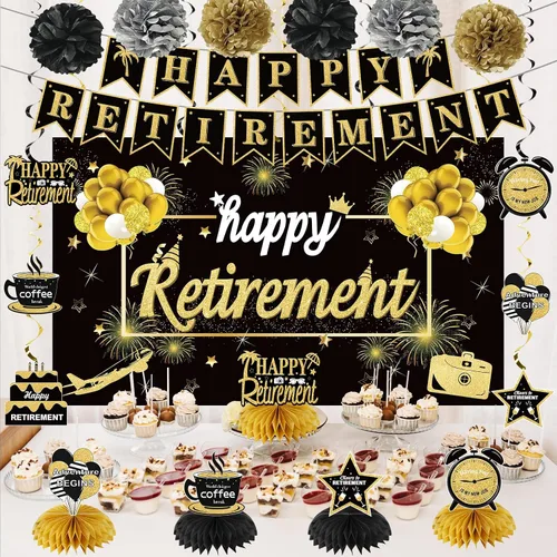 Vista 4 de Kit de decoración de fiesta de jubilación de 20 piezas para hombres y mujeres, Kuxriox negro y dorado, telón de fondo de jubilación, centro de mesa