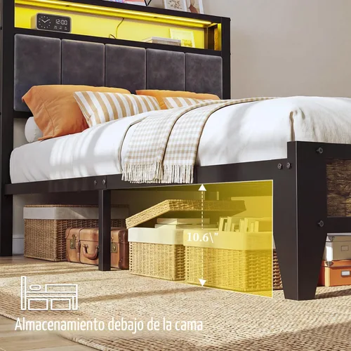 Vista 6 de OLEVS Base de cama individual con cabecera de almacenamiento con luz LED y estación de carga tipo C, base de cama de plataforma metálica