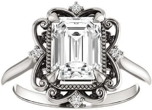 Vista 3 de JEWELERYN - Juego de anillos de compromiso de moissanita de 2 quilates de corte esmeralda VVS1, juego de anillos de boda y novia, juego de anillos
