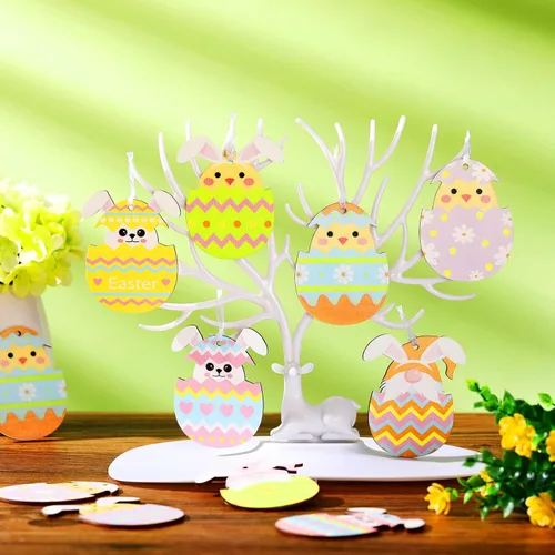 Vista 7 de Qunclay 40 piezas de adornos de Pascua, huevos de Pascua, huevos de Pascua, letreros colgantes para árbol, conejo, rebanadas de madera, recortes