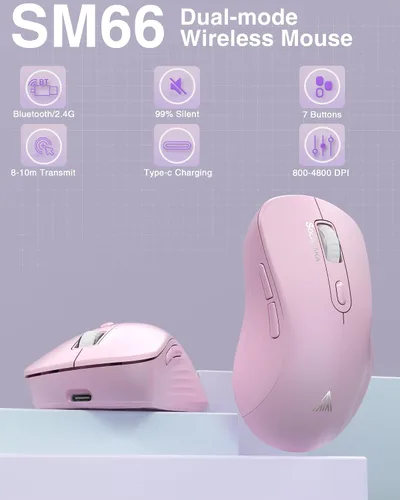 Vista 2 de SOLAKAKA SM66 Rosa Silencioso Modo Dual 2.4GHz Ratón Inalámbrico, DPI Ajustable 4200, Ratón Inalámbrico Recargable para Computadora para PC, Mac