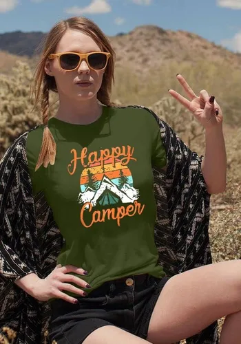 Vista 3 de Camiseta con la leyenda Happy Campers para mujer divertida y linda camiseta gráfica de manga corta con letras impresas, camisetas casuales