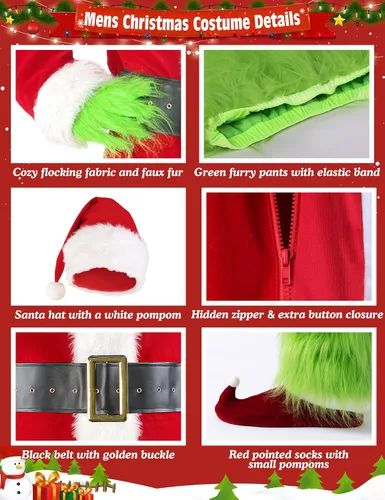 Vista 5 de Disfraz de Papá Noel de monstruo peludo verde navideño para hombres, 7 piezas, traje de Papá Noel para adultos, juego de traje de Navidad incluye