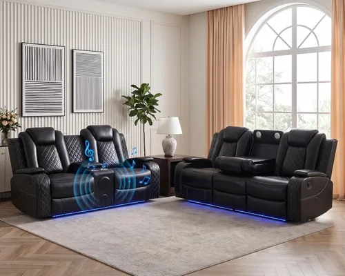 Vista 17 de Juego de sofá reclinable eléctrico con LED, juego de sofá de cuero transpirable para sala de estar, juego de sofá reclinable con puerto USB Negro