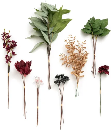 Vista 24 de Ling's moment - Juego de tallos de vegetación artificial verde, 36 piezas con 8 tipos de flores artificiales para ramos de novia de bricolaje Negro