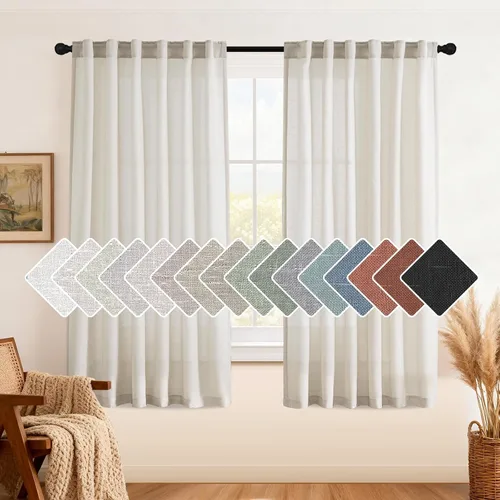 Vista 15 de H.VERSAILTEX Cortinas de lino natural de 63 pulgadas de largo para sala de estar, 2 paneles con trabillas traseras y bolsillo, texturizadas