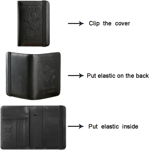 Vista 5 de Funda para pasaporte, cartera, artículos esenciales de viaje, con bloqueo RFID, funda de piel para tarjetas de viaje internacionales, accesorios