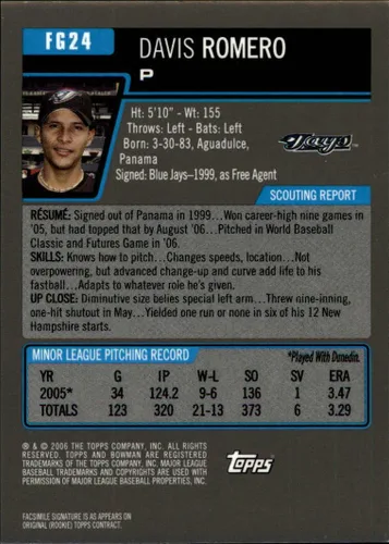 Vista 2 de 2006 Bowman Draft Future's Game Prospects Gold #24 Davis Romero MLB Baseball Trading Card