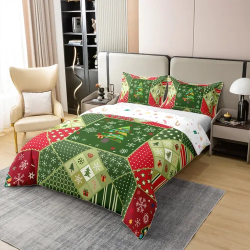 Vista 2 de Funda de edredón de árbol de Navidad 100% algodón natural, juego de ropa de cama de copos de nieve de Navidad para niños y niñas, funda de edredón