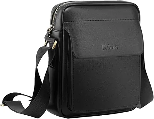 Vista 7 de Eshow Bolso bandolera de cuero para hombre, bolso de mensajero retro lateral para trabajo, negocios, bolso casual, negro101