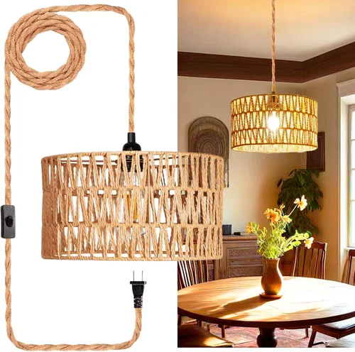 Vista 7 de Luces Colgantes con Cable de Enchufe, Lámpara Colgante de Ratán, Luminarias de Techo Boho, Lámpara Colgante de Estilo Rústico para Sala de Estar