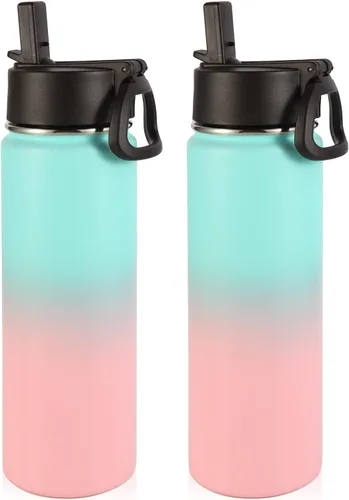 Vista 20 de Volhoply Botellas de agua aisladas de 22 onzas con tapa con popote, botella deportiva de acero inoxidable con asa, vasos de agua de viaje de metal