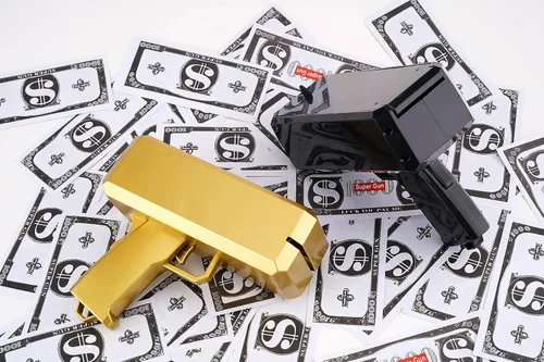 Vista 7 de Pistola de dinero dorada de utilería que se ve real que puede dispersar dinero como la lluvia, pistola de dinero falsa, pistola de dinero falsa