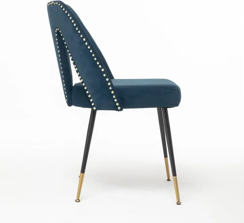 Vista 4 de Silla de comedor tapizada de terciopelo con patas de metal y respaldo abierto, decoración de remaches, silla auxiliar contemporánea, para comedor