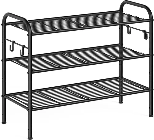 Vista 12 de SONGMICS Zapatero de 2 niveles, organizador de zapatos de metal con 4 ganchos laterales, capacidad para 10 pares de zapatos, zapatero de altura